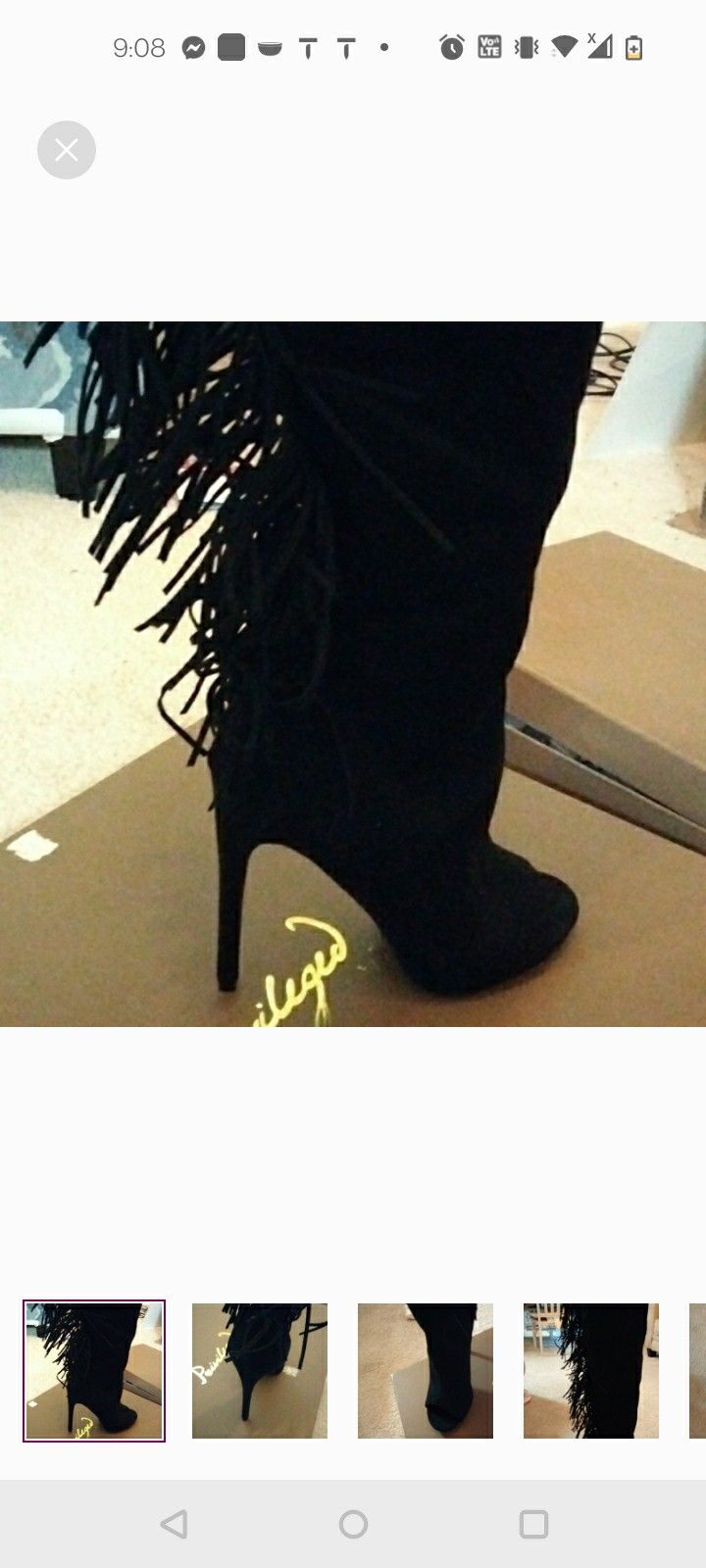Black Fringe Knee High Open Toe Boots