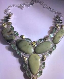 Free Shipping.  Larsonite Citrine Biwa Pearl 925 Sterling Silver Necklace