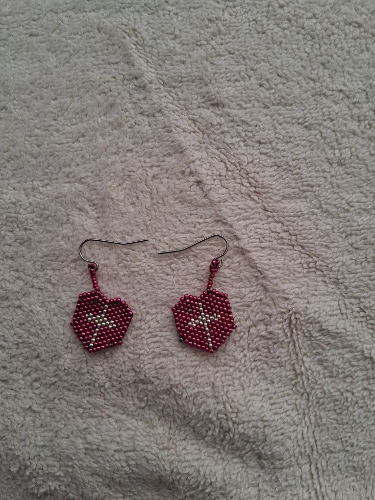 Size 15/0 Beaded Heart With Cross Earings