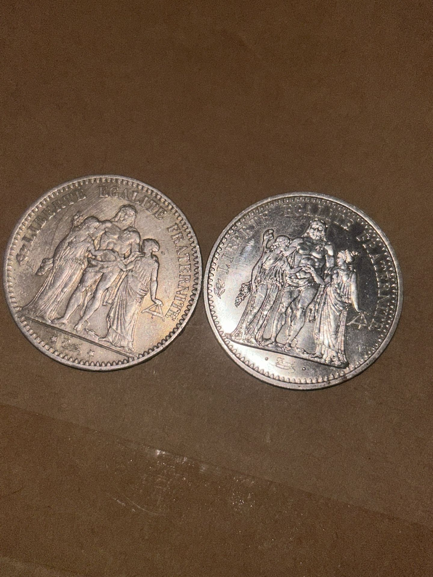 1967 10 Francs HERCULES Motto and 1975 50 Francs Coin .900 Silver Paris Mint