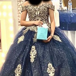 Navy Blue And gold Quinceañera Dress