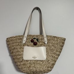 Coach Straw Tote Bag Cherry Accent White Leather Trim Woven Classic Nature