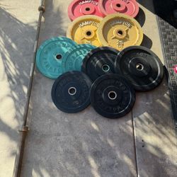 Hampton 7ft 45lbs bar with Olympic rubber coated Olympic plates 200lbs total