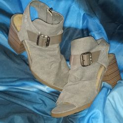 Women's Blowfish Malibu Gray Canvas Open-Toe Block Heels Zip Buckle Booties 6