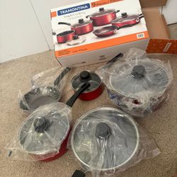 9-Piece Non-stick Cookware Set, Red/ pots,pans lids  new non stick/ stackable / stainless steel /    New - sealed packaged  Pick up only Aldine and br