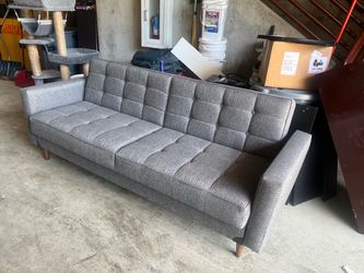 Gray Tufted Sofa with Wood Legs couch
