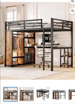 Queen Loft Bed With Desk, Wardrobe, and Storage