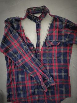 Ripped  vintage t shirt Furst of a kind unique handmade vintage plaid cropped jacket top with Raw Edge Plaid Button Down LONG SLEEVE Shirt . 
