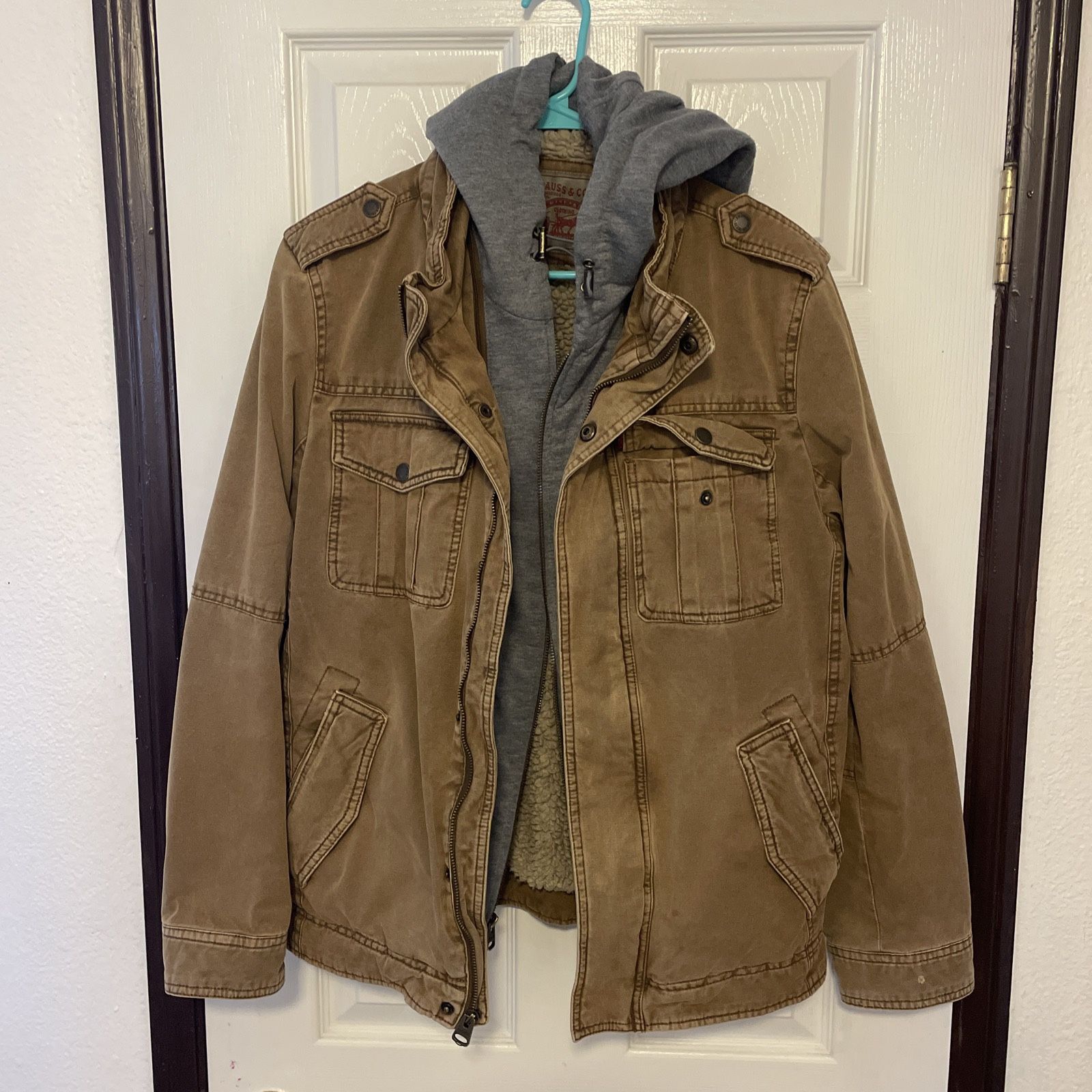 Levis Trucker Jacket Mens Med. Tan Hooded Full Zip Snap HD Canvas Long Sleeve