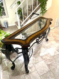 Console table with removable glass top and iron frame and legs with marble down 65” long 22” deep 34” height good condition