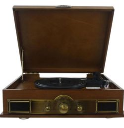 Pyle Vintage Classic Style Bluetooth Turntable Vinyl Record Player w/ AM/FM With 2 Vinyls 