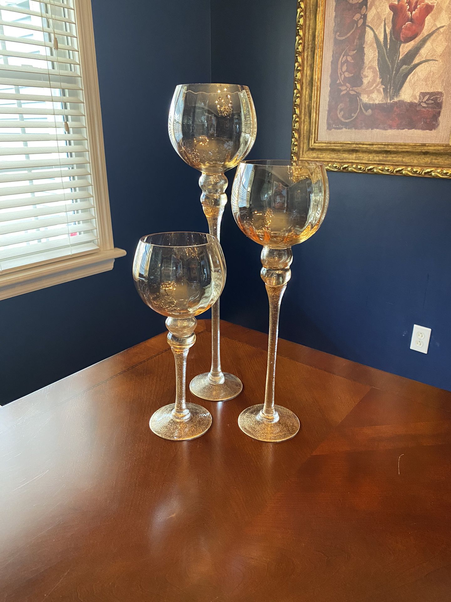 Amber Glass Candle Holders/Wine Goblets - Set of 3 