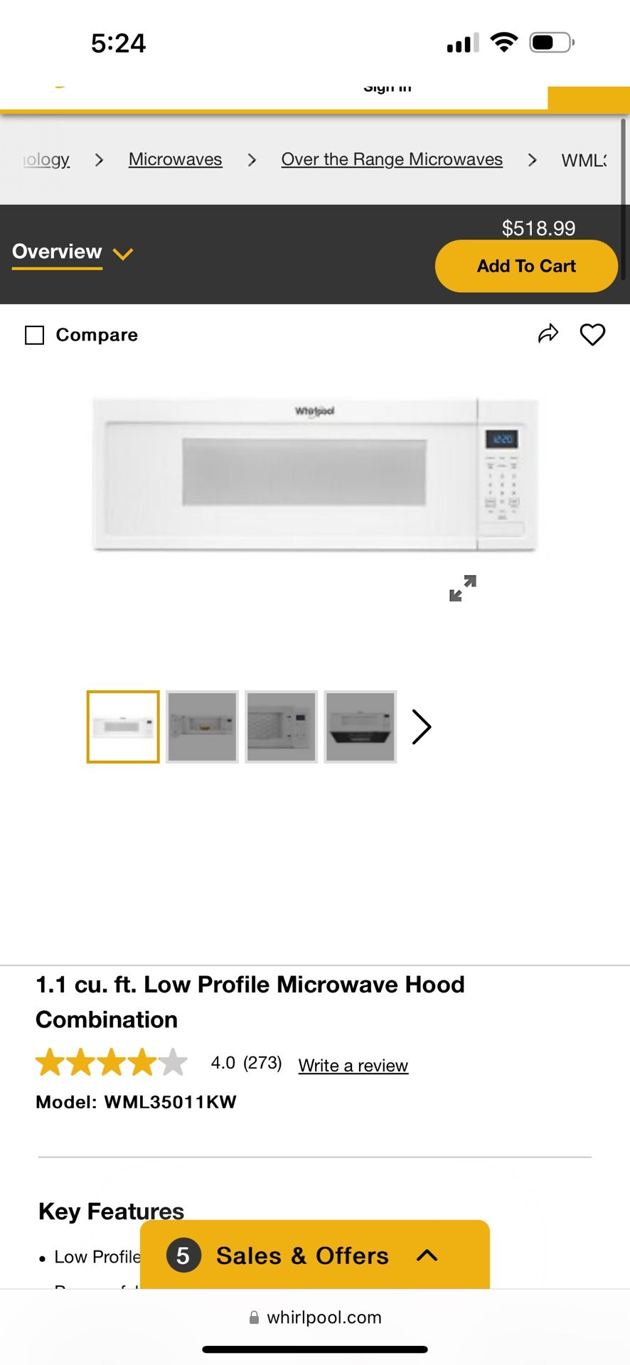 White Whirlpool 1.1 cu. ft. Low Profile Microwave