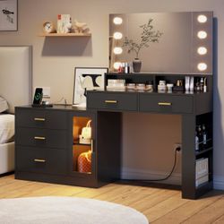 Makeup Vanity with Large Mirror and 3-Color Lights,Vanity Desk Side Storage