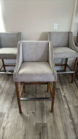 Upholstered Bar Stools with Nailhead Trim – Set of 3