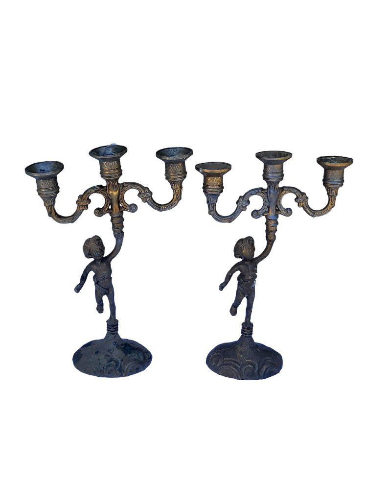 Pairs Vintage metal candlesticks 3 branches, candelabra, vintage metal candlestick, candlestick candlestick, Mid Centuy, 1950