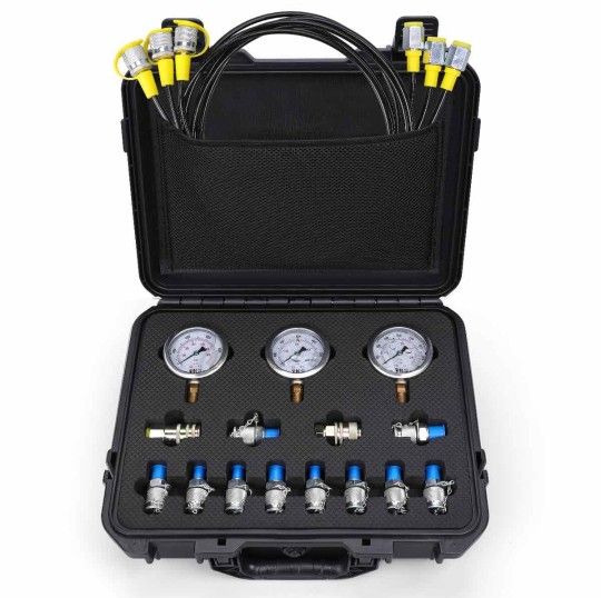 Hydraulic Pressure Test Kit，600bar /8700psi / 60mpa 3 Gauges 12 Tee Connectors 3 Test Hoses, Hydraulic Gauge Kit Sturdy Carrying Case for Excavator Co