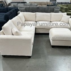 New! Comfy Plush Sectional Couch, Sectional And Ottoman, Grey Sofa, Gray Couch, Corduroy Sectional, L-Shaped Sofa, Living Room Sofa Set, Plush Couch
