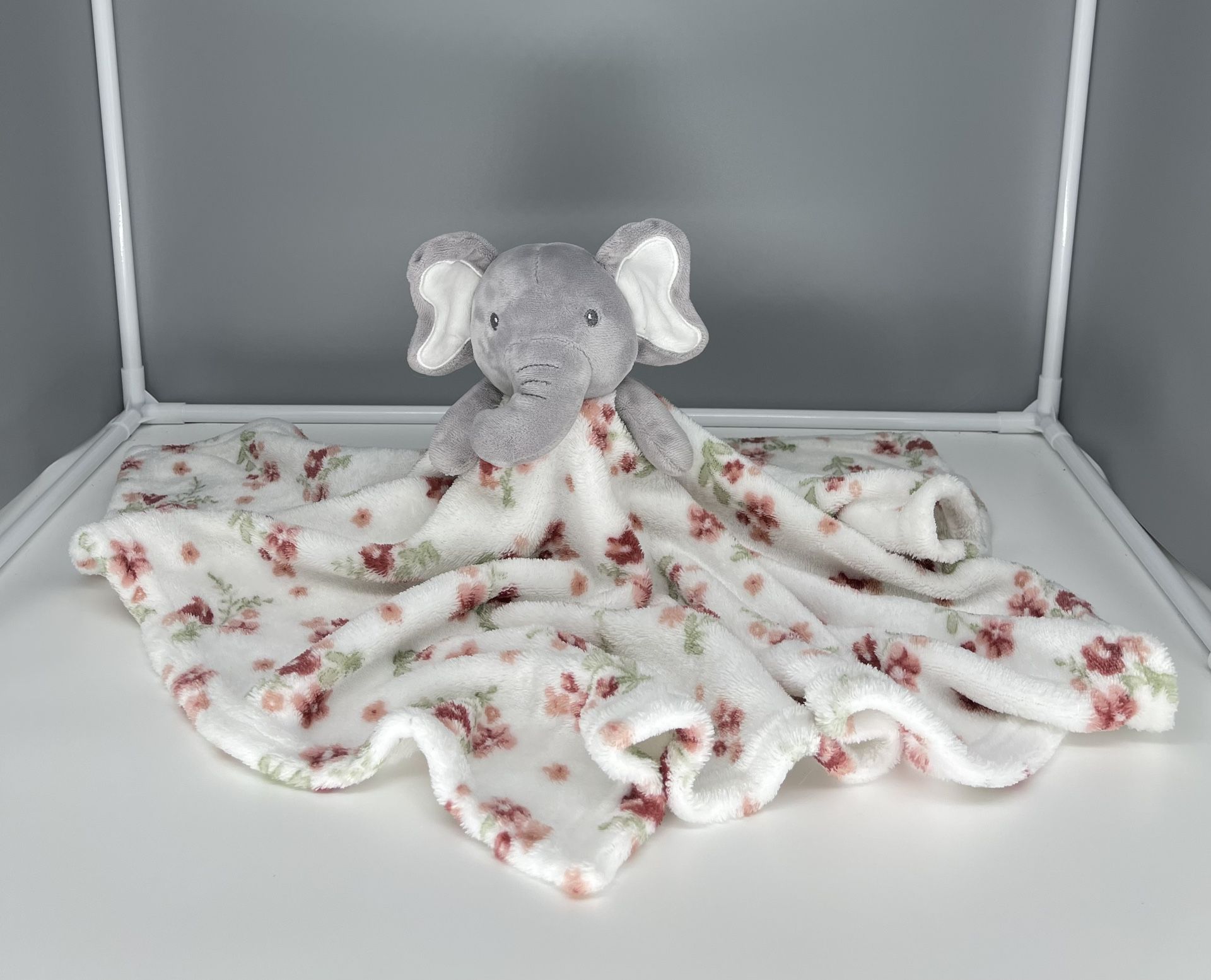 Modern Baby Floral Elephant Security Blanket Lovey White Fleece Big 23” HTF