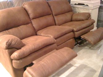 Two med. brown double recliner sofas and matching chair