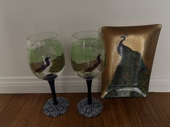 Peacock Wine Glasses & Serving Tray