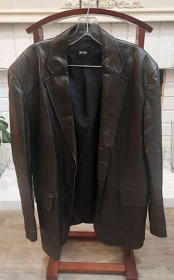 HUGO BOSS Black Leather Blazer Jacket 44R 2 Button Italian Lamb Napa