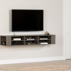 Wall Mounted TV And Media Console - 66” Wide - Extra Storage , Gray Maple 