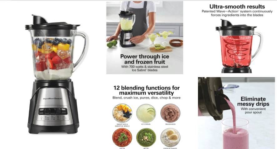 Hamilton Beach Power Elite Wave Action Blender For Smoothies, 40 Oz