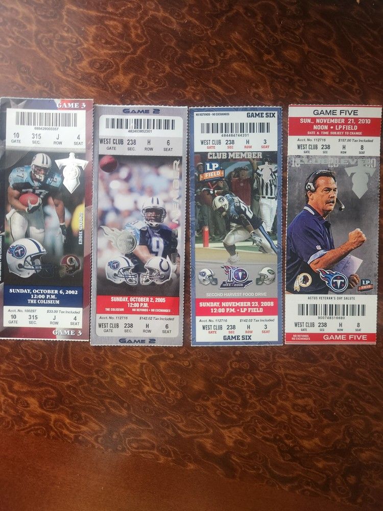 TENNESSEE TITANS TICKET STUBS Lot of4 from 2002-2010McNairGeorge vs ManningFavre