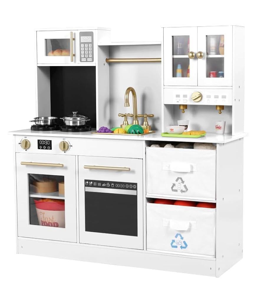 Play Kitchen for Kids, Wooden Pretend Toy Kitchen, Large Toodler Cooking Playset w/Cookware, Stove w/Light & Sound, Fabric Boxs, Disinfection Locker,