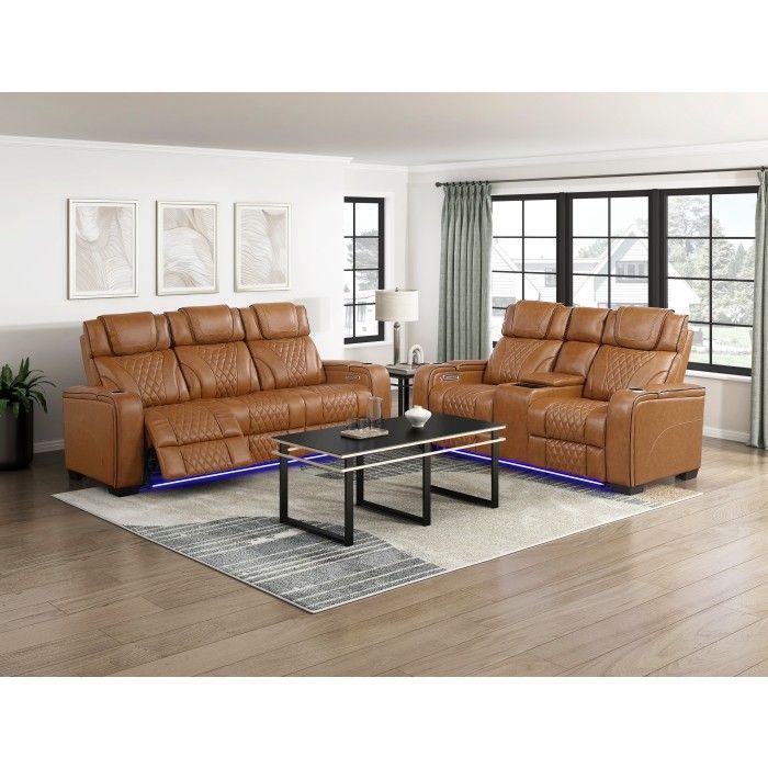 Brand New Brown Real Leather Power Double Reclining Sofa with Center Drop-Down Cup Holders, Power Headrests, Storage Arms with Cup holders, LED