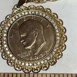 1972 Eisenhower Dollar Coin Pendant Necklace Gold Tone Rope Chain WLP Setting