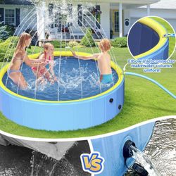 Traveling Kid/toddler Pool Yivsen 63in Sturdy Dog Pool With Sprinkler, 2-In-1 Non-Slip Kiddie/Kids Pool Hard Plastic, Foldable Dog Sprinkler Pools For