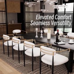 Mid-Century Modern Boucle Dining Chairs set of 6, Brushed Gold Armchairs with Black Metal Legs and Upholstered Cushion, Sherpa Accent Chairs for Livin