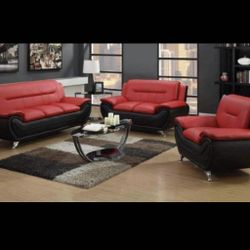 Leather Black Red Living Room Sofa Set 3pc - Delivery And Financing Available 