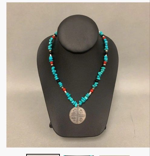 Sterling Good Omens Pendat on Turquoise Onyx Red Coral Beaded Neclace Signed 