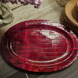 Red Platter W/Black Stripes. Translucent Glass.