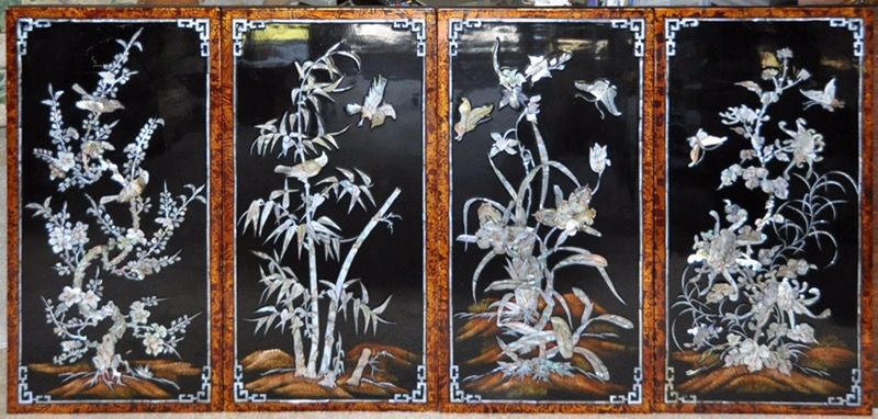 Vietnamese lacquer painting with inlay showing the Four Seasons (OBO)