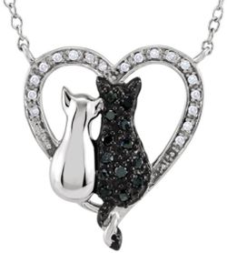 Black And White Diamond Cat Heart Pendant
