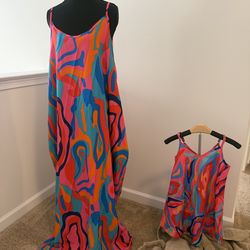 Vibrant Vacation Mom & Me Matching Maxi Dresses – Women’s 8/10 + Toddler 4Y – Bold Colorful Print