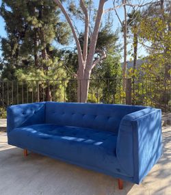 Mid Century Modern Style Tufted Blue Velvet Sofa Couch