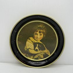 Vtg Metal Tray 8" Black Gold Girl w/ Dog Art Sir Joshua Reynolds Decor Victorian