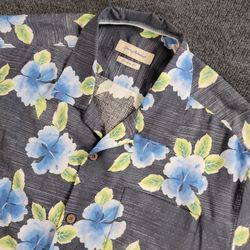 Tommy Bahama Hawaiian Shirt Button Blue Floral 100% Silk Men's Size XL Retro