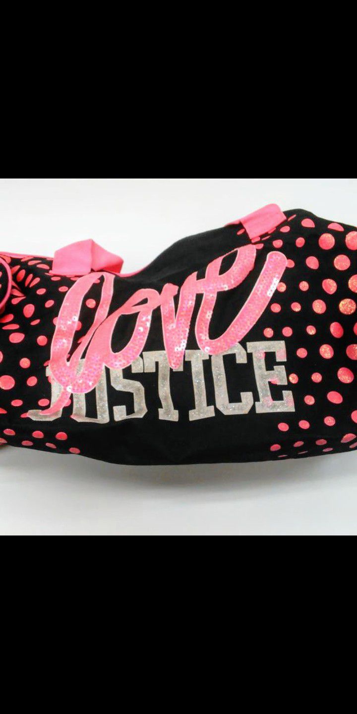 Justice Girls Hot Pink Fuchsia Black Sequin Love Polka Dots Duffle Bag Gym Weekender Carryall Rare