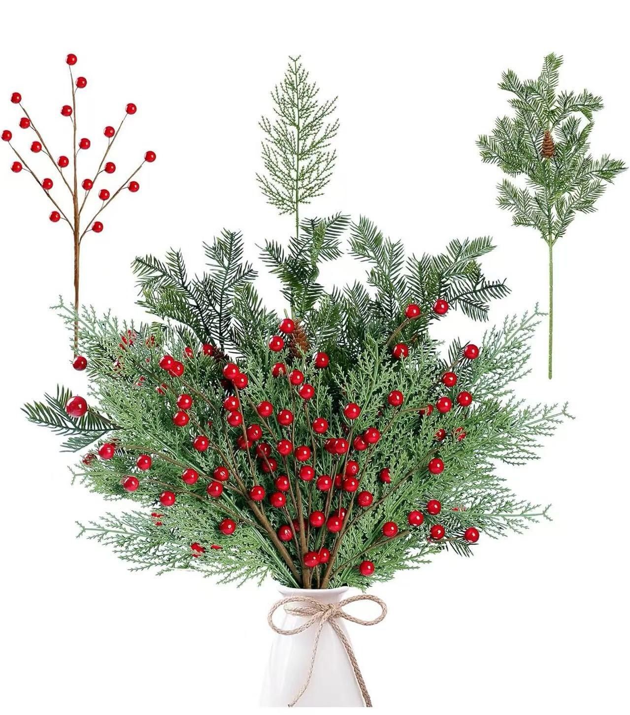 45 Pcs Artificial Pine Branches Fake Greenery Pine Picks with Pine Cones Artificial Red Berry Branches Christmas Pine Needles for DIY Wreath Xmas
