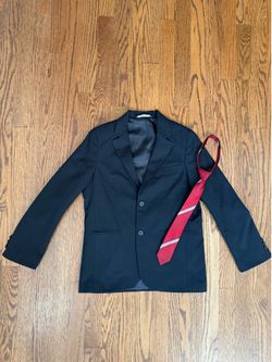 Size 10 Boys Black Blazer Suit Coat with Coordinating Red Stripe Neck Tie