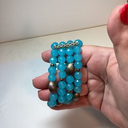 Stunning Vintage Faceted Aqua Glass Bead 4 Strand Stretch Bracelet 