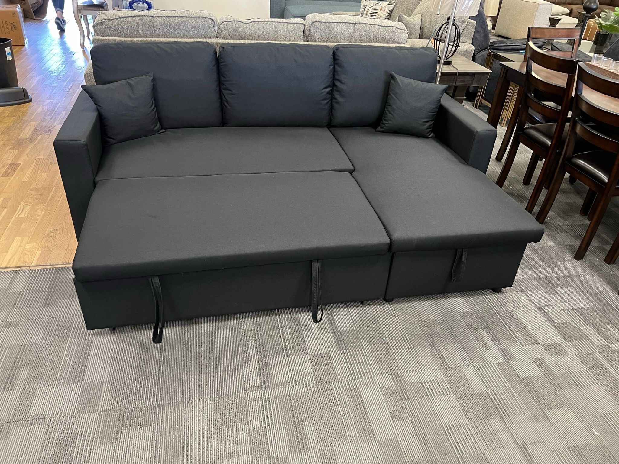 Black Linen Sleeper Sofa Sectional With Reversible Storage Chaise