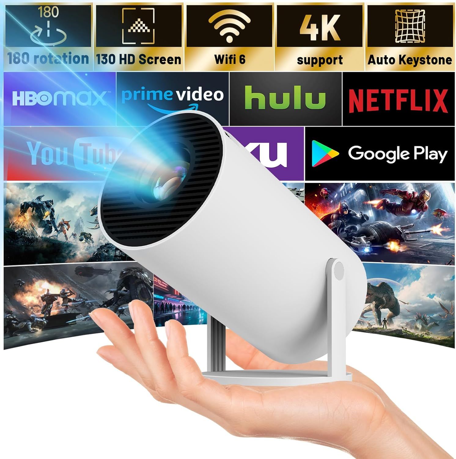 Mini Projector with WiFi and Bluetooth|Outdoor Portable Projector 1080P/4K Support|Smart Projector with Auto Keystone Correction|Home/Movie Projector