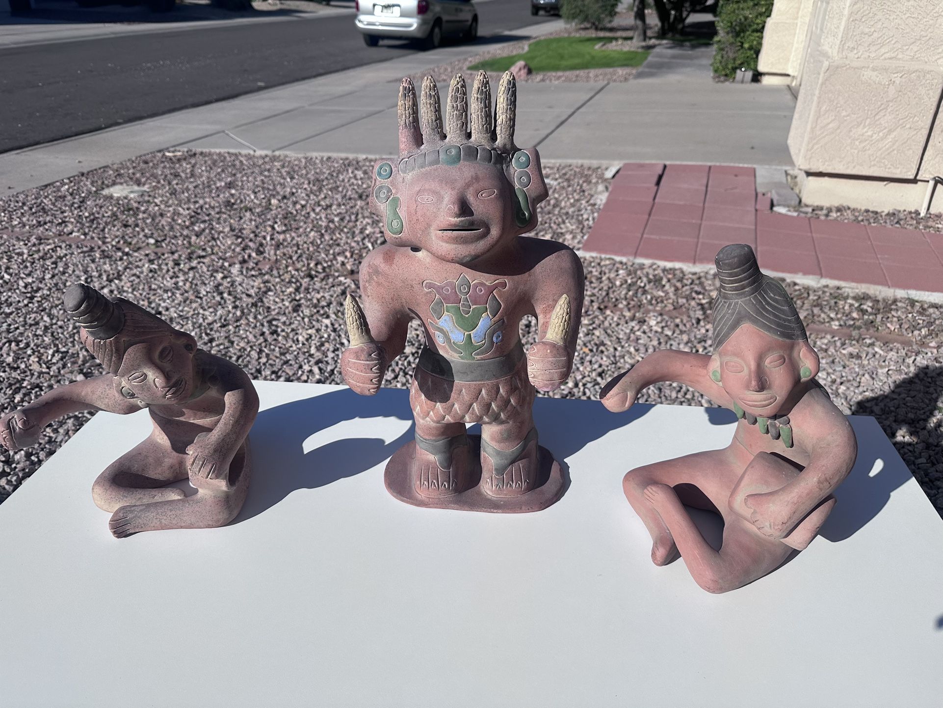 Vintage Aztec God Of Maize Corn Warrior Statue, 2 Drummer Statues, Handmade Terracotta Sculpture